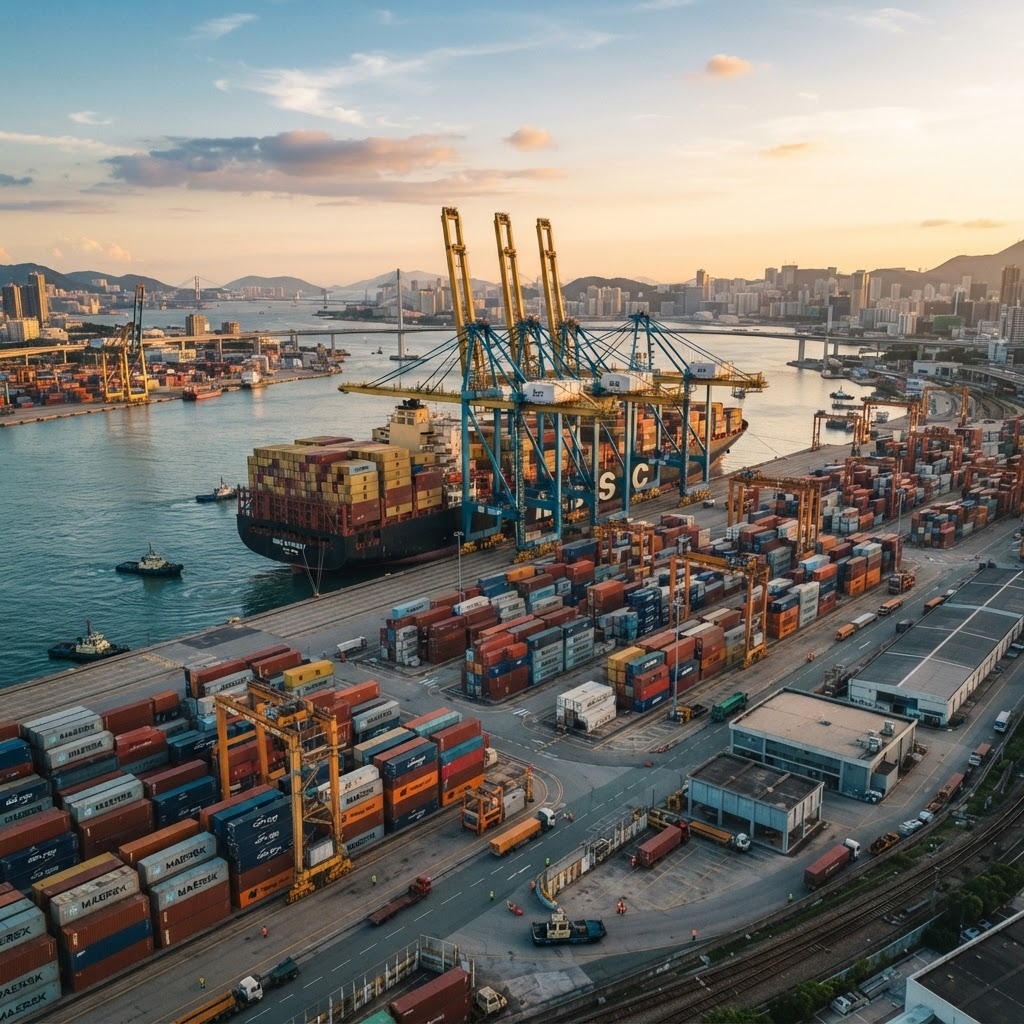 International shipping port with cargo containers