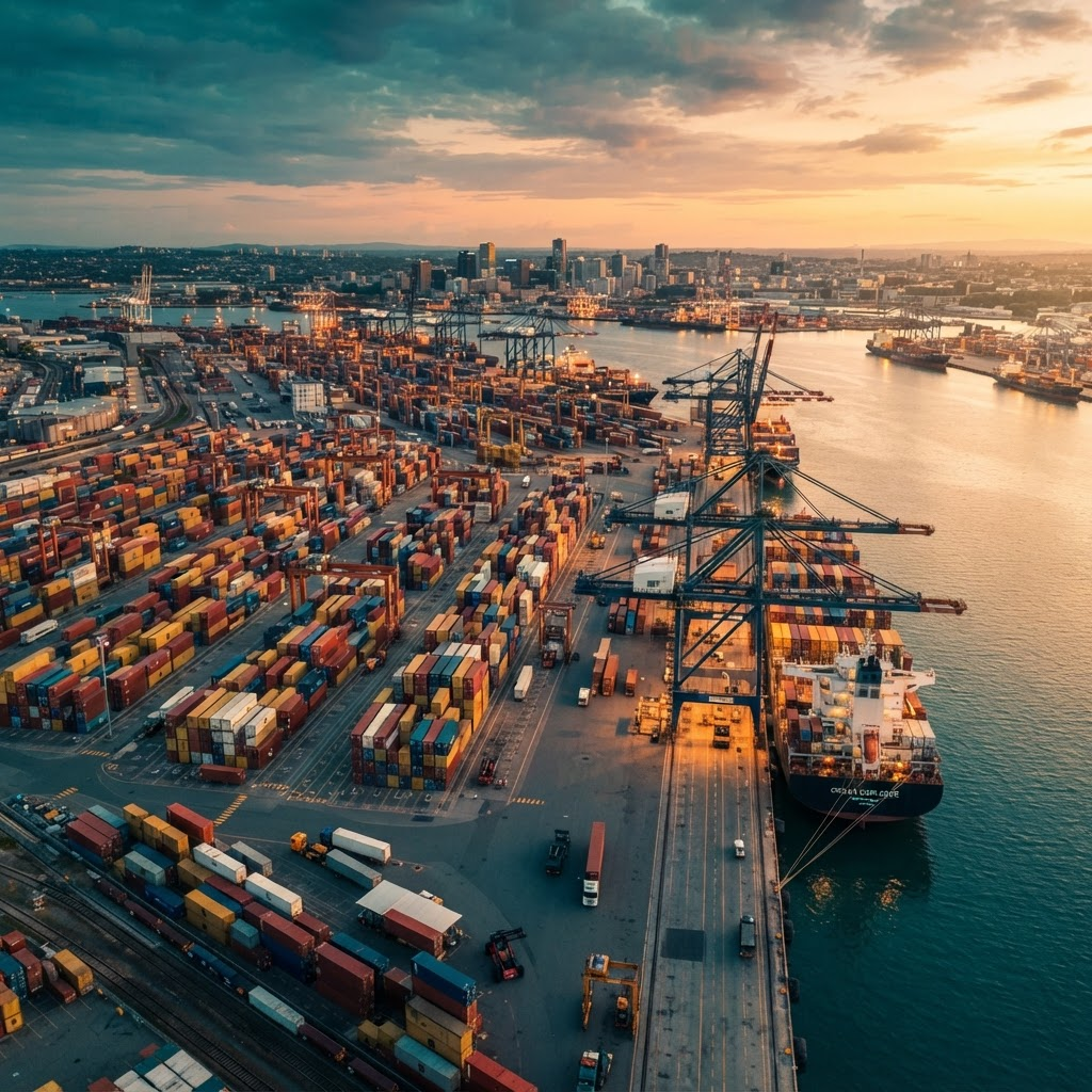 Global shipping port at golden hour